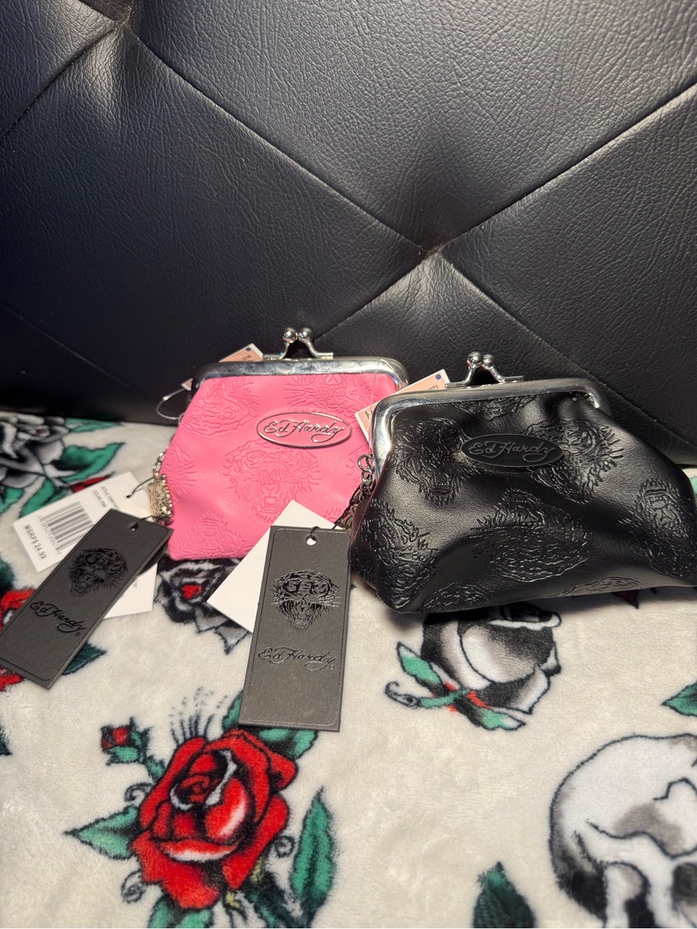 TWO! Ed Hardy Small Kiss-Lock Coin Pouch in Pink and Black